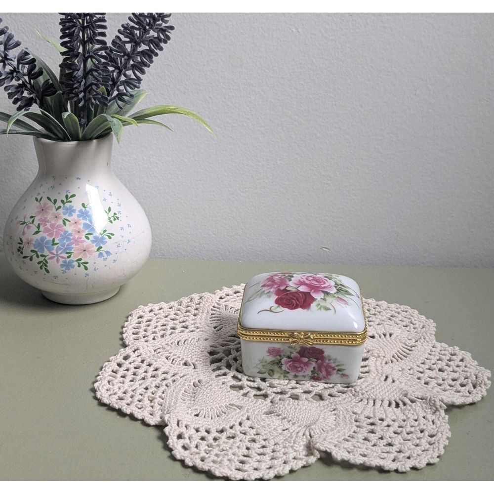 Vintage Porcelain Trinket Box Pink Roses Gold Tone Bow Hinged Jewelry Box